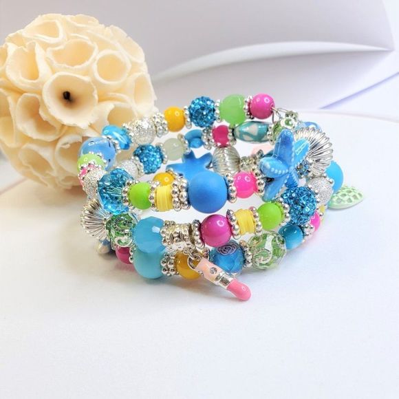 Ocean Sea Life Charm Bracelet Memory Wire Bracelet Beach Bracelet - Picture 1 of 17